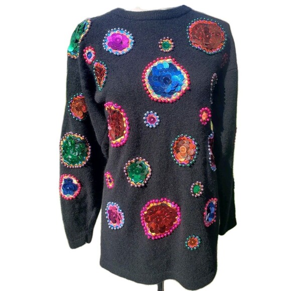 Vtg Cedars M Lambswool Angora Black Sweater Beads Pearls Sequins Ugly Christmas - Picture 1 of 12